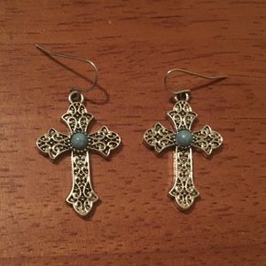 Silver Tone Cross Earrings with Blue Center
